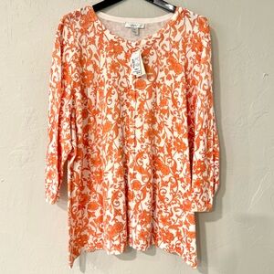 CJ Banks-Button Down Sweater-3/4 Sleeve-Cream/Orange Floral Pattern-Size 3X-NWT